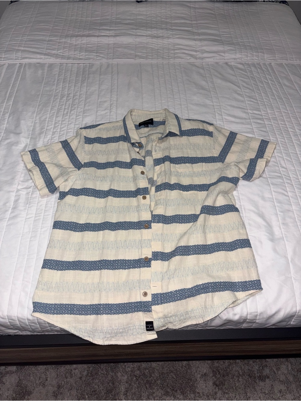 Lucky Brand Short-Sleeve Button-Up Shirt in Cream and Blue Stripes